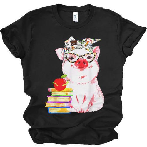 Teacher Pig Cute Farm Animal Book Lover School Student For Men Women Kids Unisex Jersey T-Shirt - Bookorys