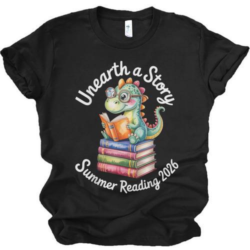 Unearth a Story Summer Reading 2026 Book Lover Dino Fun Unisex Jersey T-Shirt - Bookorys