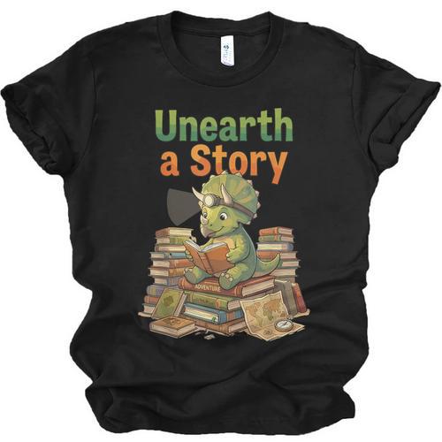 Unearth a Story Triceratops Dinosaur Reading Books Cute Dino Unisex Jersey T-Shirt - Bookorys