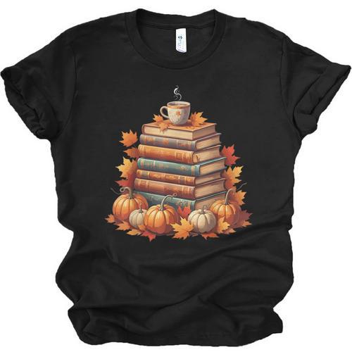 Vintage Autumn Books Pumpkin Coffee Book Lover Reading Unisex Jersey T-Shirt - Bookorys