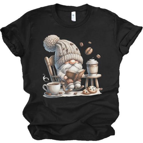 Vintage Cute Gnome Reading Book Coffee Cute Gnome Graphic Unisex Jersey T-Shirt - Bookorys