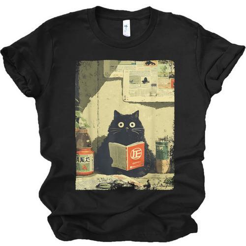 Vintage Japanese Cat Book Lovers Librarian Cat Dad Teacher Unisex Jersey T-Shirt - Bookorys