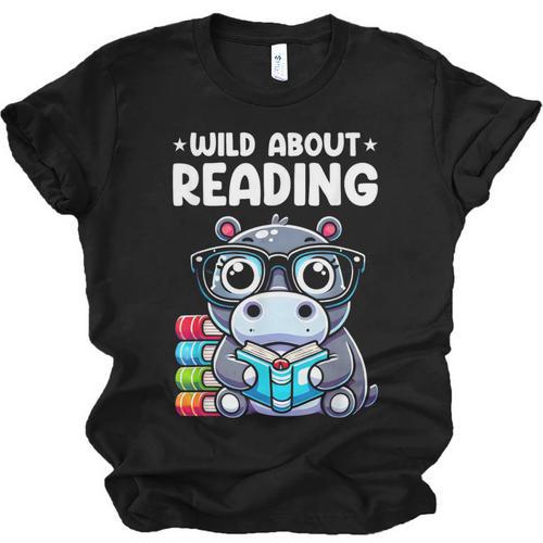 Wild About Reading Book Lover Hippo Unisex Jersey T-Shirt - Bookorys AU