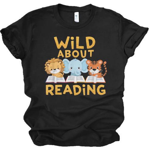 Wild About Reading Cute Animal Book Lover Kids Unisex Jersey T-Shirt - Bookorys