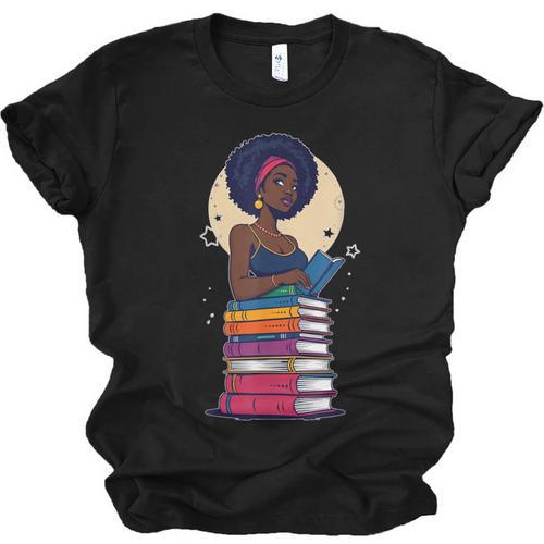 Woman And Books Stack Afro Girl Reading Lover Unisex Jersey T-Shirt - Bookorys