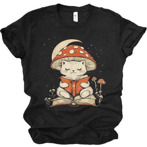 Women's Cottagecore Mushroom Cat Reading a Book Unisex Jersey T-Shirt - Bookorys AU
