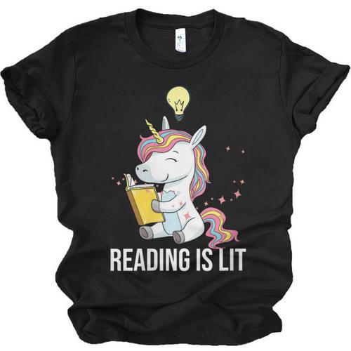 Women's Reading Is Lit Unicorn Library English Teacher Book Lover Unisex Jersey T-Shirt - Bookorys AU