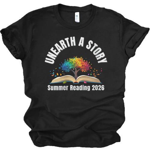 Women's Unearth a Story 2026 Summer Reading Program Tree Book Unisex Jersey T-Shirt - Bookorys UK