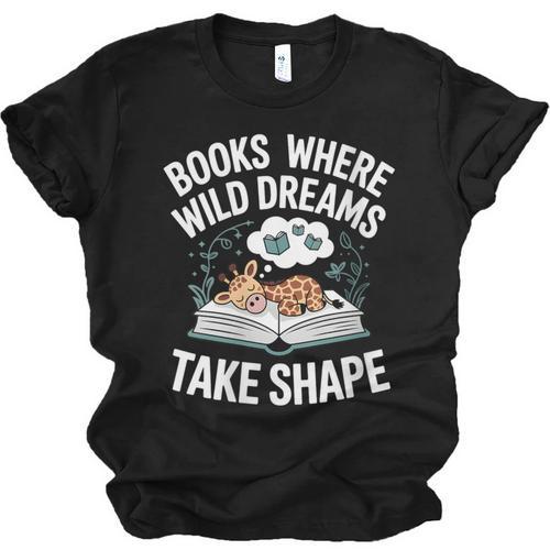 Women's Wild Dreams Reading Giraffe Book Reader Zoo Animals Kids Unisex Jersey T-Shirt - Bookorys CA