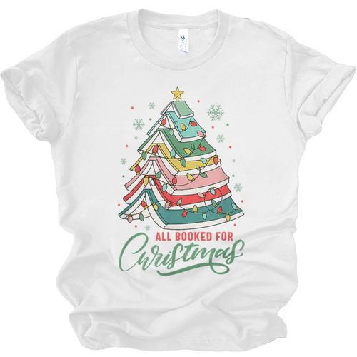 All Booked For Christmas Book Xmas Tree Lights Reading Girly Unisex Jersey T-Shirt - Bookorys