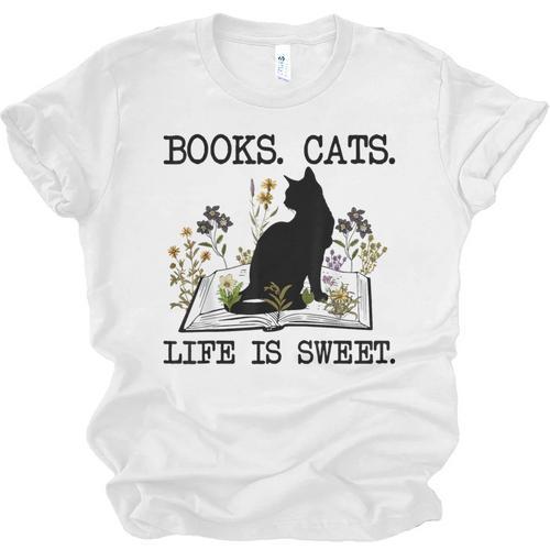 Books Cats Life Is Sweet Cat Book Lover Men Women Teen Unisex Jersey T-Shirt - Bookorys