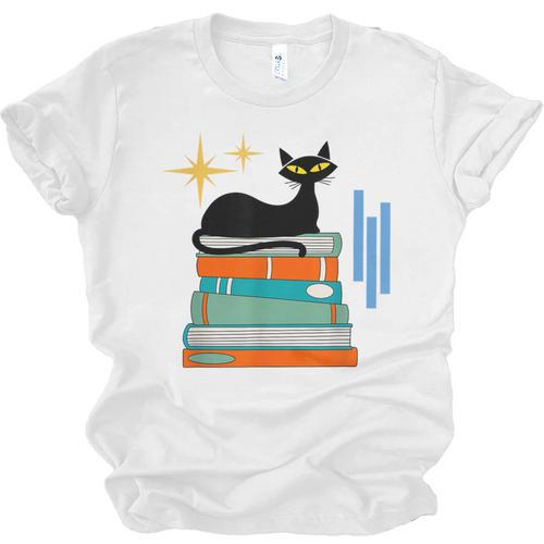 Cat And Books Retro Midcentury Mid Century Aesthetic Unisex Jersey T-Shirt - Bookorys