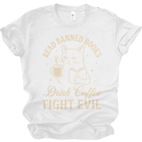Cat Read Banned Books Drink Coffee Fight Evil Unisex Jersey T-Shirt - Bookorys