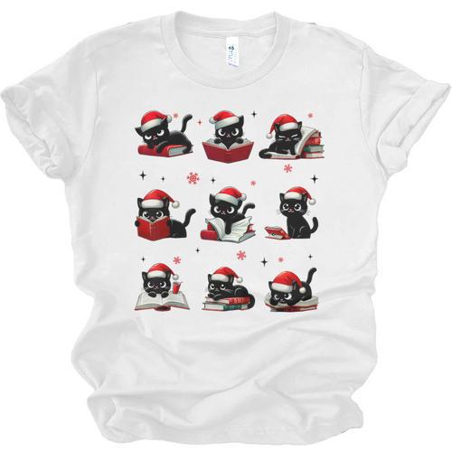 Cat Reading Books Lover Christmas Cat Lover Xmas Unisex Jersey T-Shirt - Bookorys