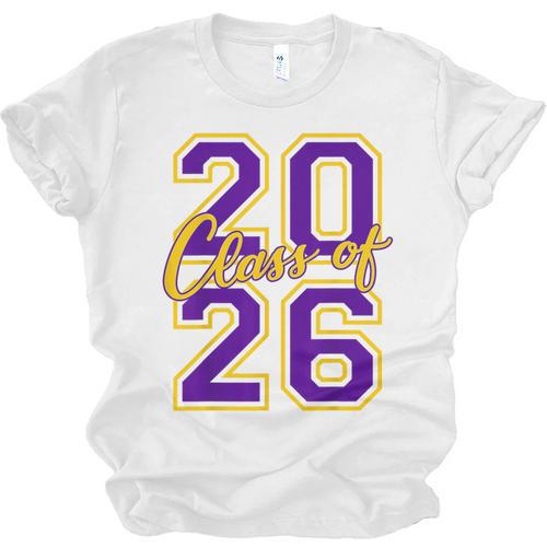 Class Of 2026 Graduation Varsity Purple And Yellow Letters Unisex Jersey T-Shirt - Best Gift Smart