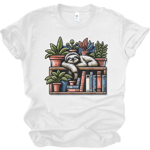 Cosy Sloth In Bookshelf With Plants Unisex Jersey T-Shirt - Bookorys