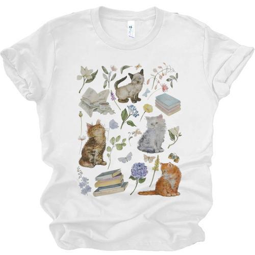 Cottagecore Cats And Books Floral Vintage Aesthetic Bookish Unisex Jersey T-Shirt - Bookorys DE