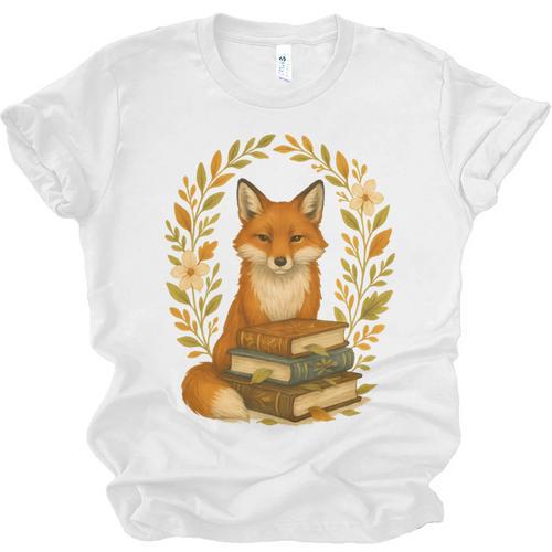 Cottagecore Whimsical Woodland Red Fox Behind Stack Of Books Unisex Jersey T-Shirt - Bookorys CA