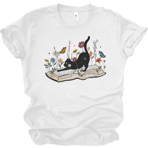 Cute Cat Flower Garden Book Kitty Reading Floral Men Women Girls Kids Unisex Jersey T-Shirt - Bookorys UK
