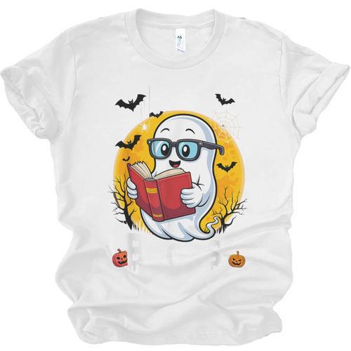 Cute Ghost Reading Book Retro Halloween Librarian Unisex Jersey T-Shirt - Bookorys UK
