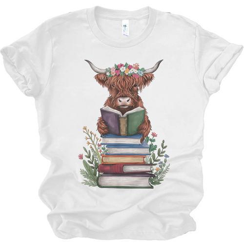 Cute Highland Cow With Book Floral Bookworm Librarian Book Unisex Jersey T-Shirt - Bookorys