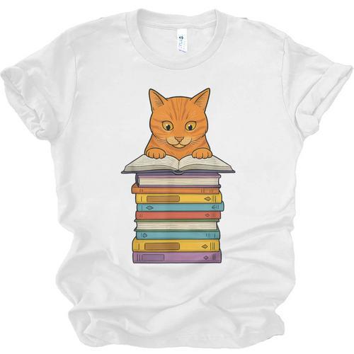 Cute Orange Tabby Cat Reading On Pile Of Books Unisex Jersey T-Shirt - Bookorys CA