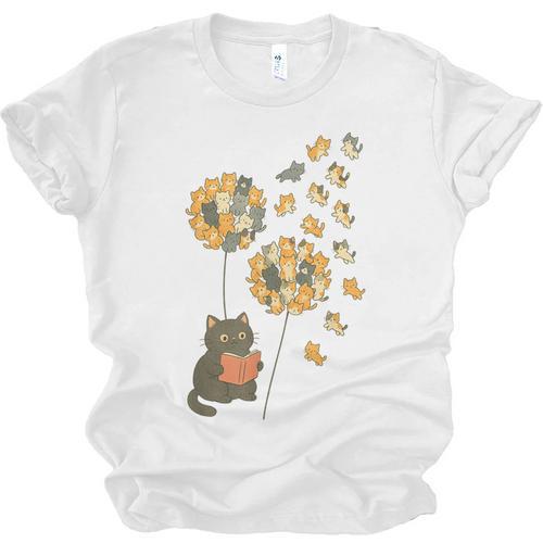 Cute Reading Cat With Kitten Dandelion Flowers Book Lover Unisex Jersey T-Shirt - Bookorys