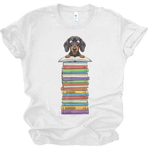 Cute Wiener Dog Dachshund Reading On Pile Of Books Unisex Jersey T-Shirt - Bookorys CA