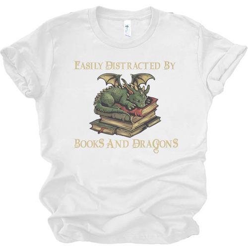 Easily Distracted By Books And Dragons Graphic Premium Unisex Jersey T-Shirt - Bookorys DE