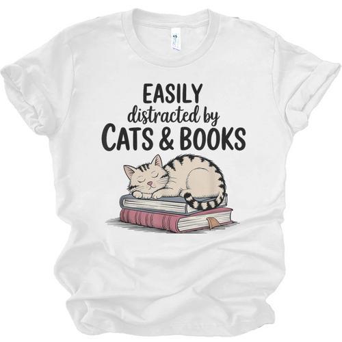 Easily Distracted By Cats And Books Cute Book Lover Unisex Jersey T-Shirt - Bookorys