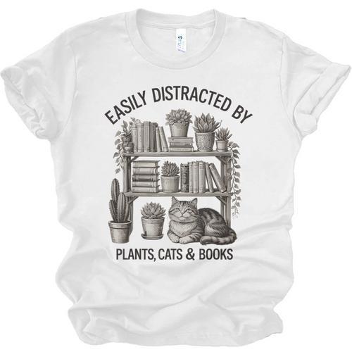 Easily Distracted By Plants Cats & Books Planting Gardening Unisex Jersey T-Shirt - Bookorys