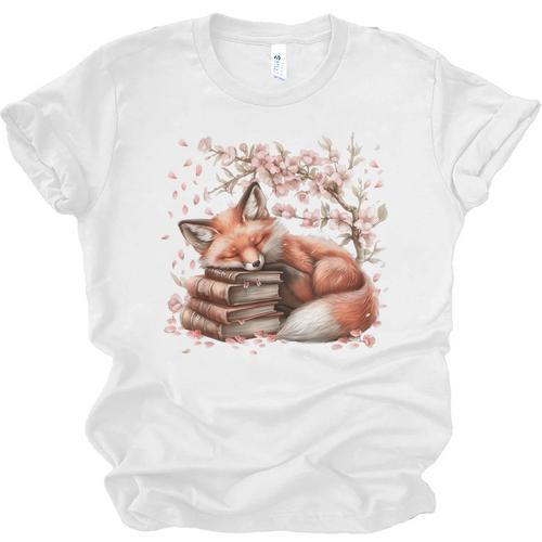 Fox And Book Lover Graphic For Women And Spring Pink Flower Unisex Jersey T-Shirt - Bookorys DE
