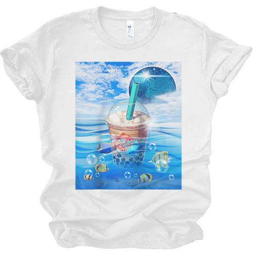 Frutiger Aero Aesthetic Tech Bubble Tea Boba Milktea Fishes Raglan Baseball Tee Unisex Jersey T-Shirt - Figerry