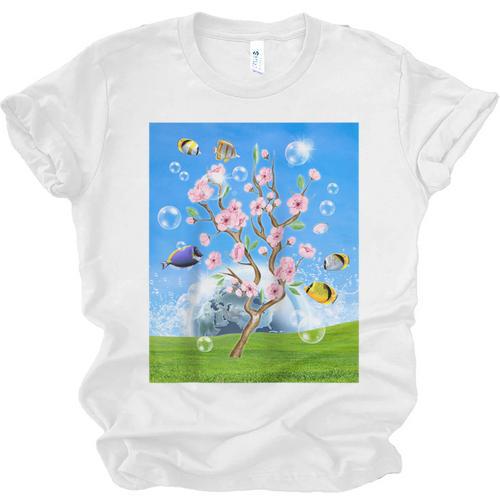 Frutiger Aero Aesthetic Tech Cherry Blossom Fishes Bubbles Raglan Baseball Tee Unisex Jersey T-Shirt - Figerry