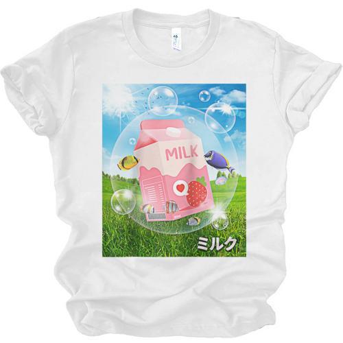 Frutiger Aero Aesthetic Tech Kawaii Strawberry Milk Fishes Raglan Baseball Tee Unisex Jersey T-Shirt - Figerry