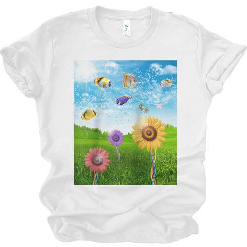 Frutiger Aero Aesthetic Tech Scenery Fishes Sunflower Raglan Baseball Tee Unisex Jersey T-Shirt - Figerry