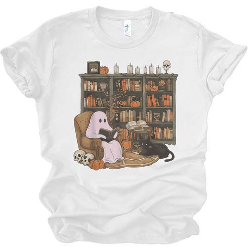 Ghost Reading Book Cat Lover Halloween Reading Enthusiast Unisex Jersey T-Shirt - Bookorys AU