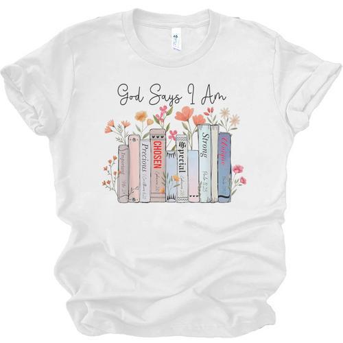 God Says I Am Book Bible Verse Christian Girls Women Unisex Jersey T-Shirt - Bookorys