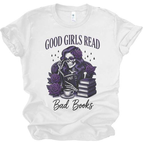 Good Girls Read Bad Books Sarcastic Skeleton Goth Skull Unisex Jersey T-Shirt - Bookorys AU