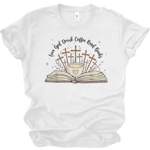 Groovy Flowers Love God Drink Coffee Read Books Christian Unisex Jersey T-Shirt - Bookorys