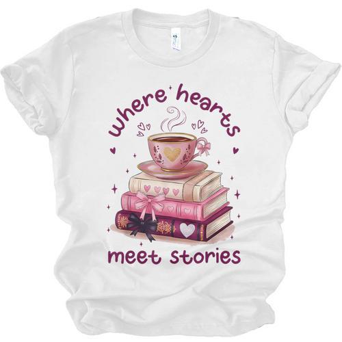 Where Hearts Groovy Meet Stories Coffee Books Valentines Day Unisex Jersey T-Shirt - Bookorys DE