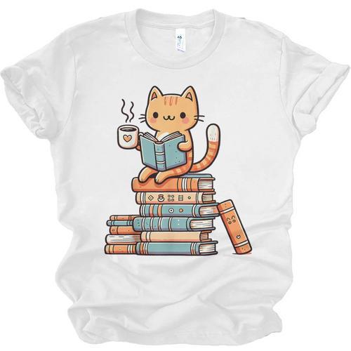 Kawaii Cat Coffee Books Teacher Men Women Girls Kids Unisex Jersey T-Shirt - Bookorys AU