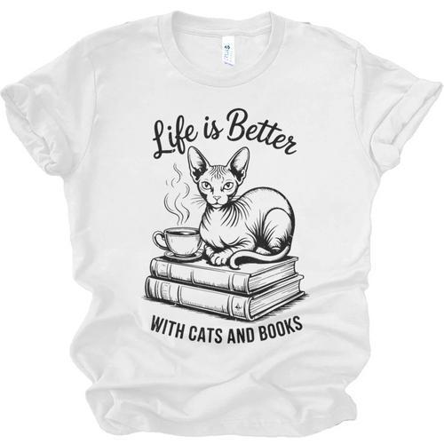 Life Is Better With Cats & Books Sphynx Cat Mom Women Unisex Jersey T-Shirt - Bookorys