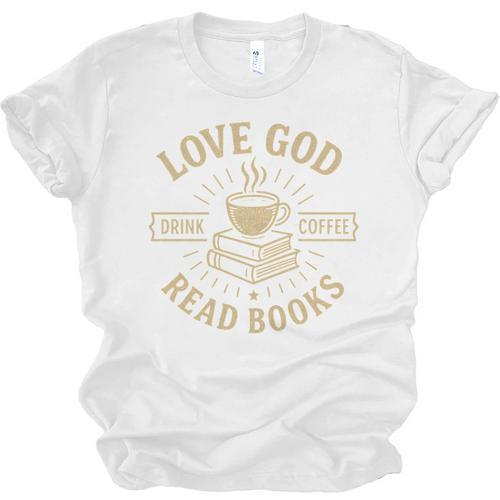 Love God Drink Coffee Read Books Lovers Vintage Christian Unisex Jersey T-Shirt - Bookorys