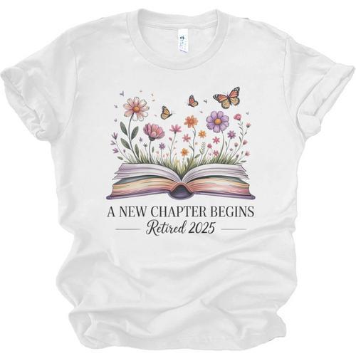 a New Chapter Begins Retired 2025 Floral Book Retirement Unisex Jersey T-Shirt - Bookorys