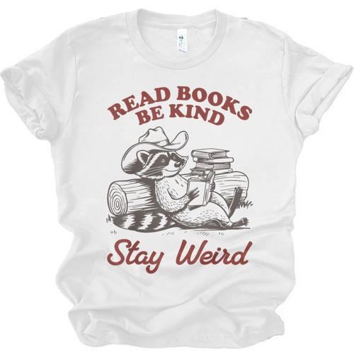 Read Books Be Kind Stay Weird Bookish Cowboy Reading Raccoon Unisex Jersey T-Shirt - Bookorys AU