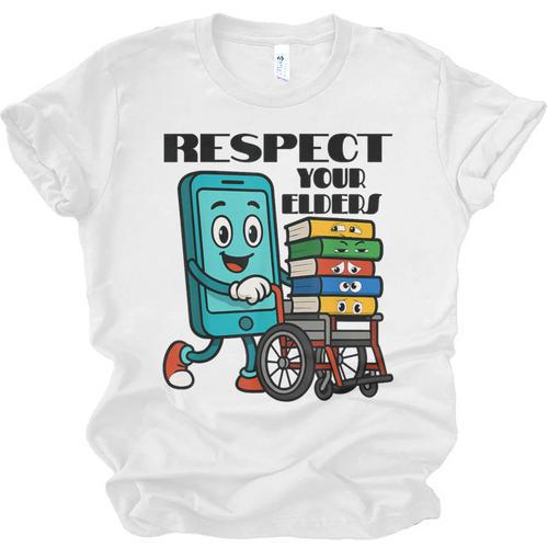 Respect Elders Cellphone Pushing Books In a Wheelchair Unisex Jersey T-Shirt - Bookorys CA