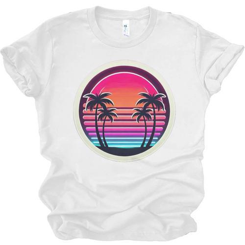 Retro 80s Synthwave Sunset & Palm Trees Retro Nostalgia 80s Unisex Jersey T-Shirt - Figerry