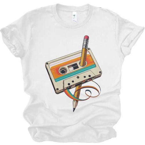 Retro Cassette Tape & Pencil Rewind Nostalgia Party 80s 90s Unisex Jersey T-Shirt - Figerry