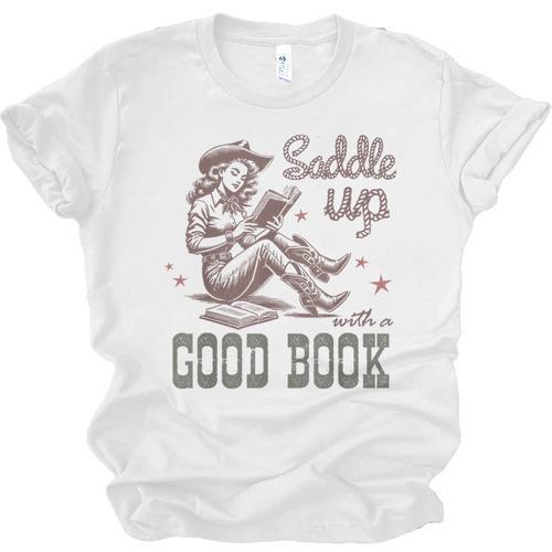 Retro Cowgirl ReadingTee Saddle Up With A Good Book Western Unisex Jersey T-Shirt - Bookorys CA